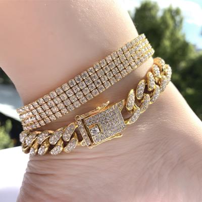 China Best Selling Single Rock CZ Lead Free Nickel Free Cuban Chain Anklets Sparkle Bling Bling 4 Row Crystal Leg Bracelet For Summer Beach for sale