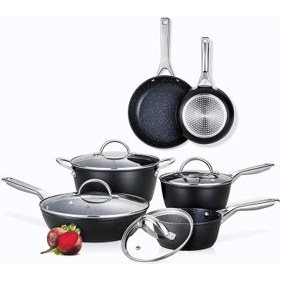 China Sustainable 10 Piece Deluxe Cookware Set Induction With Best Handle Stainless Steel Nonstick Pots And Pans Set for sale