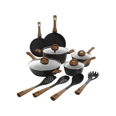 China Non Sustainable Stick 14pcs Cookware Set Forged Aluminum Kitchen Accessories Set With Wooden Handle for sale