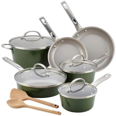 China Viable 12-Piece Basil Green Porcelain Enamel Nonstick Cookware Set Pots and Pans Set for sale