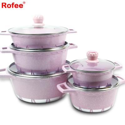 China Sustainable Pinkish Purple 10pcs Die Cast Aluminum Ceramic Non Stick Cookware Casserole Set for sale