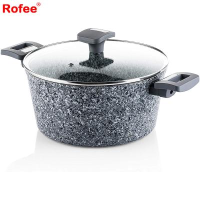 China General use for gas and induction cooker granite liner forged aluminum double ears non-stick casserole pot with glass lid for sale