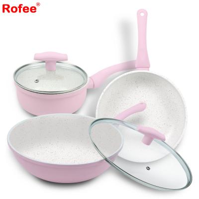 China Viable Pink Granite Non-Stick Macarone Pots and Pans Cookware Sets With Soft Touch Handle for sale