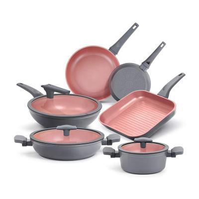 China Sustainable Home Kitchen 9 Piece Pots Pans Set Forged Non Bond Aluminum Cookware Sets for sale