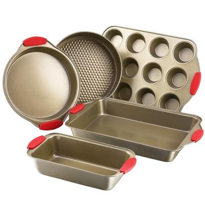 China Viable Gold 5-Piece Bakeware Non-Stick Set with Cake Pans, Cake Pan with Red Silicone Grip Handles for sale