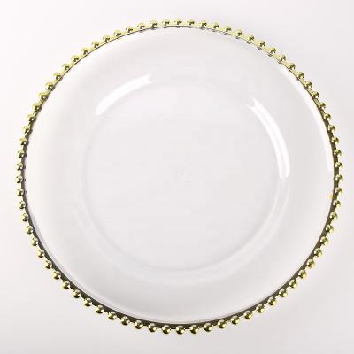 China Factory Wholesale Clear Luxury Disposable Plastic Charger Dishes With Gold Beads Rim for sale