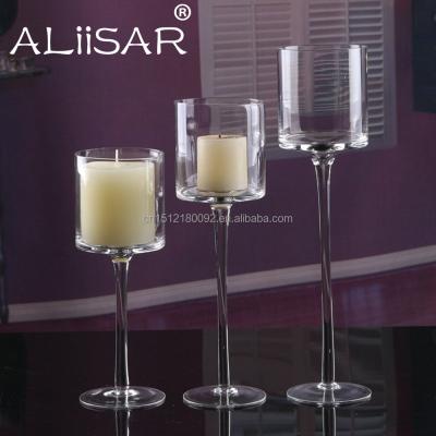 China European Style Hand Blow 3 Clear Glass Long-stemmed Candle Holder / Candlestick for sale