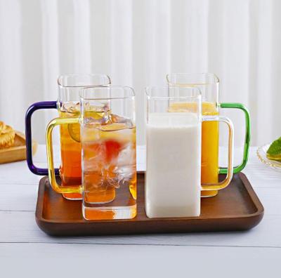 China Viable Custom Logo Colored Square Glass Mug With Straight Handle Cup Drinking Mug For Juice Milk Tea Coffee for sale