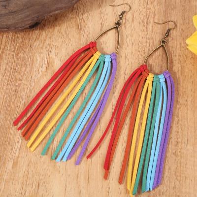 China FASHIONABLE Colorful Tassel PU Earrings Halloween Party Leather Rainbow Mixed Color Long Drop Earrings for sale