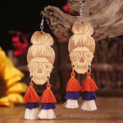 China FASHIONABLE Color Tassel Earrings Wooden Female Halloween Skull Spider Terror Drop Earrings for sale