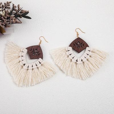 China NEW FASHIONABLE hand - woven national style drop earrings original eco-friendly macrame tassel wooden earrings for sale