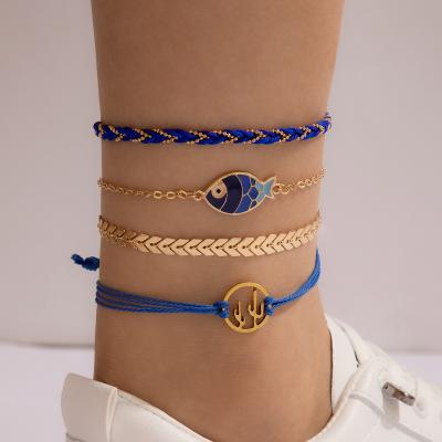 China NEW FASHIONABLE Anklet Chain Blue Braided Cactus Fish Ocean Element Beach 4 Pieces/Anklet Set for sale