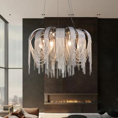 China Modern Nordic Simple Tassel Dining Chandelier Luxury Round Silver Aluminum Chain Pendant Lamp Design Villa Living High Ceiling Light for sale