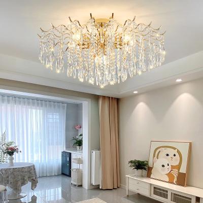 China Surface Mounted Gold Branched Crystal Chandelier Creative Water Drop Villa Lamp With Transparent Beads Engraved On The Surface Living Room Light for sale