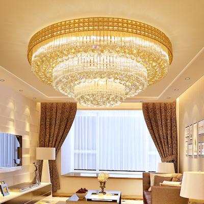 China Surface Mounted Luxury Crystal Ceiling Light Decoration Design With Gold Circular Modern Light For Hotel Villa Living Room Lighting for sale