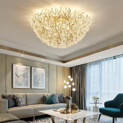 China Surface Mounted Luxury Living Room Crystal Ceiling Light Circular Golden Branch Bedroom Lamp French Restaurant Low Ceiling Lighting for sale