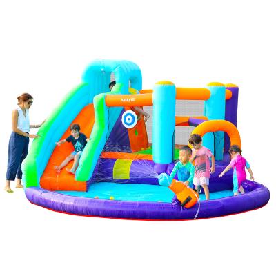 China 420D+840D PVC Fabric Airmyfun Castle Guard War Theme Inflatable Trampoline Air Cushion Throw Slide for sale