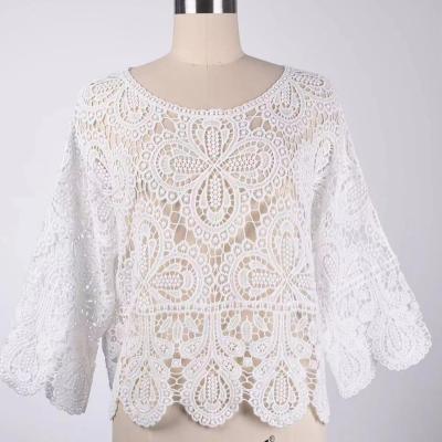 China 2023new arrival beach anti-static cover ups hollow knitted summer sexy crochet neck backless white loose round dress for sale