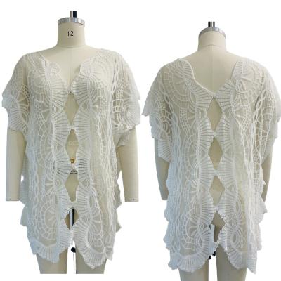 China Anti-Static Ladies Clothes Bat Sleeve Blouse Sexy Embroidery Diamond Flower See Through Lace Sexy Beach Cover Up Beach Wear for sale