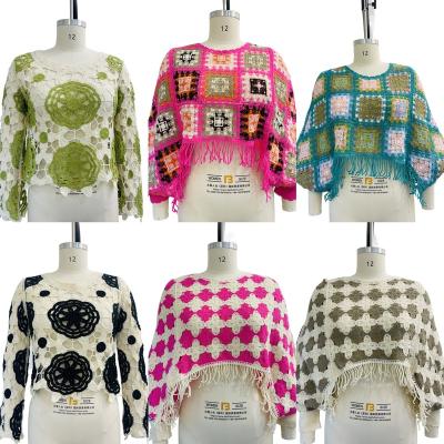 China Factory Anti-Static OEM Hollow Out Sweater Vintage Holiday Tops Colorful Hand Made Crochet Sweater Women's Summer Clothes for sale