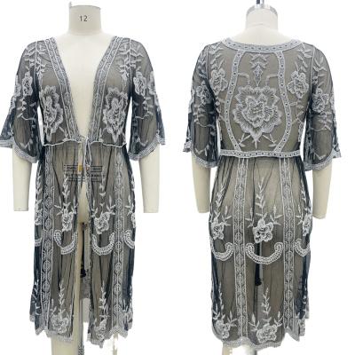 China Anti-Static Hot Selling Retro Sleeve Women Summer Fashion Lace Cardigan Short Dress Vacation Bohemian Dresses for sale