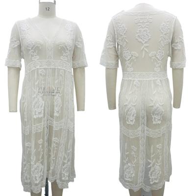 China Anti-Static RUNNING V-NECK Boho Lace Up Fashionable Clothing Short Sleeve Embroidered White Sheer Mesh Dress for sale