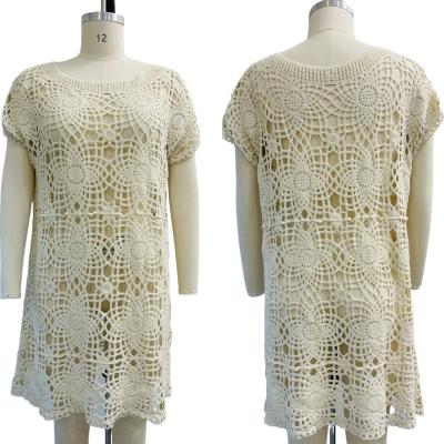 China 2023 Summer Hot Sale Ladies Collection OEM Anti-Static Design Simple Hollow Sleeve Midi Shirt Knitted Dress With Chic Pattern for sale