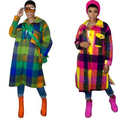 China Viable newcomer print multi-color plaid long coated casual woolen coat Autumn Long Sleeve Cardigan Winter for women for sale