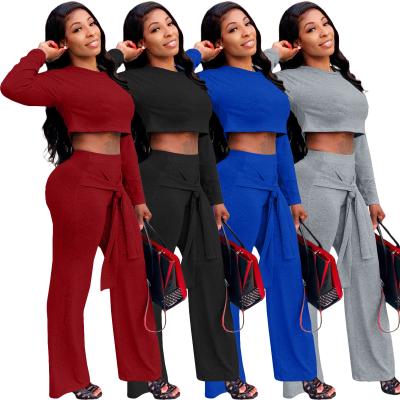 China New Solid Color Long Sleeve T-Shirt QUICK DRY QUICK DRY Short Bandage Long Pants Comfortable Two Piece Sets Fall Casual Women Loose Pants Two Piece Set for sale