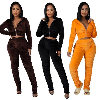 China Bestseller Solid Color Long Sleeve Velvet Long Sleeve Zippers 2 Pieces Set Casual Tight Drop Long Pants 2 Piece Velvet Set Women's Short Coat for sale