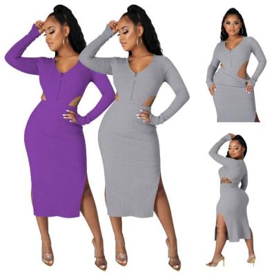 China Best Viable Casual Long Sleeve Waist Hollow Out Two Piece Jumpsuit Skirt Drop Solid Color Set Side Slit Skirts Womens 2 Piece Skirt Sets for sale