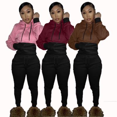 China Newest Design Fashionable Color Blocking Casual Loose Hooded Autumn Long Sleeve 4xl Two Piece Sets For Woman for sale