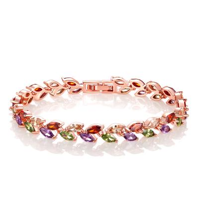 China TRENDY 14k Gold Plated Tennis Chain Bracelet Trendy Micro Pave CZ Multi Color Cubic Zircon Rainbow Leaves Bracelet for sale