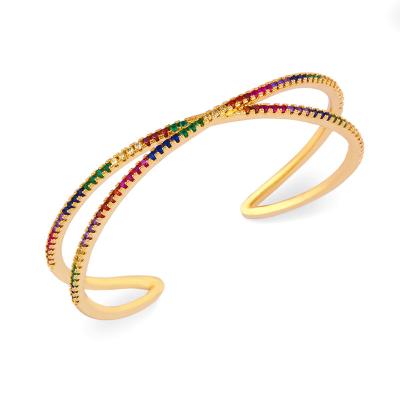 China TRENDY healing colorful stones cross bangle, rainbow zircon bangles bracelets, 925 sterling silver14k/18k gold plated jewelry for sale