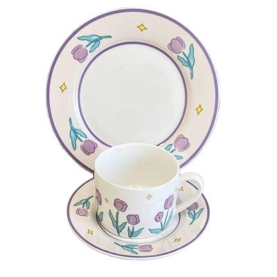 China Exquisite Tulip Pattern Coffee Cup And Milk Saucer Set Porcelain Craft Decal Ceramic Cup And Saucer Wholesale Viable for sale