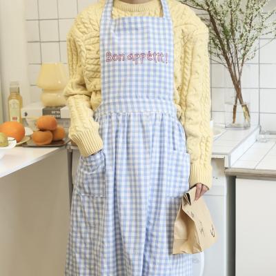 China European blue halter cotton anti-fouling plaid halter embroidery kitchen aprons cafe restaurant inclusive korean style home coverall for sale