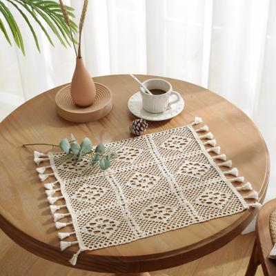 China Europe beige tassel geometric squares crochet lace tablecloth can be used as room or party decoration for sale