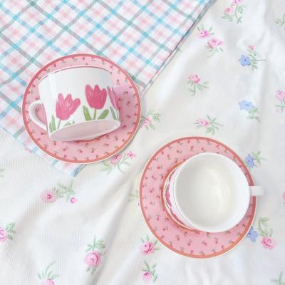 China Sustainable Flower Pattern Ceramic Reusable Coffee Cup And Saucer Set High Quality Afternoon Tea Tableware 250ml for sale