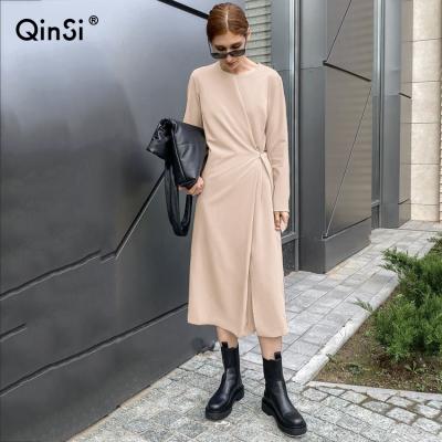 China New Autumn Winter Women's Solid Dress Vestidos QINSI Knitted Dress O Neck Breathable Lady Slim Bodycon Long Sleeve Dresses for sale