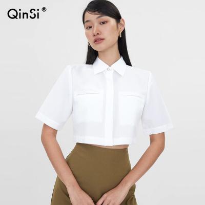 China QINSI Fashion Breathable Button Up Shirts Blouse Women White Crop Tops Tie Front Blouses Clothing Vintage Tops for sale