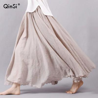 China QINSI Beach Boho Vintage Breathable Summer Skirts Faldas Saia 2022 Women Linen Cotton Skirts Elastic Waist Pleated Long Maxi Skirts for sale