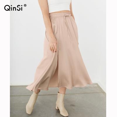 China QINSI Breathable Elastic Waist Split Elegant A Line Summer Skirts Lace Up Skirt High Waist Satin Ladies Womens Drawstring Long Skirts for sale