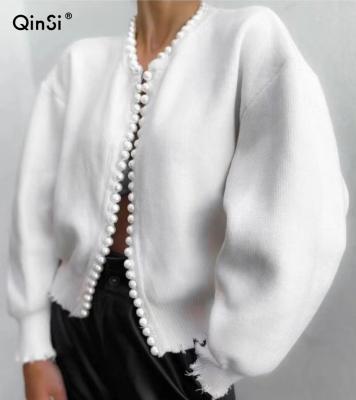 China New QINSI 2021 Breathable Autumn Pearl Spring Trim Long Sleeve Women Knit Wear Cardigan Sweater for sale