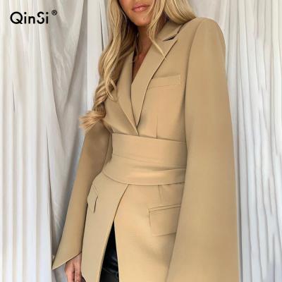 China QINSI Breathable Free Belt Cardigan Style Women 2021 Belted Lace Up Lapel Blazers Black Office Work Suits Spring Autumn New Women Slim Fit for sale