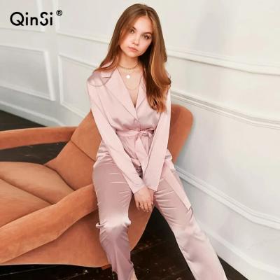 China QINSI Homewear Breathable Solid Casual Suit Sets Long Sleeve Loose Satin Women Pajamas Pants Red Female Sleepwear With Sashes 2 Piece Set for sale