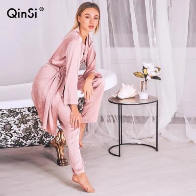 China QINSI QUICK DRY Belts Long Sleeve Suit Sets Home Use Silk Sleepwear Women Pajamas With Pants Pink Satin Robe Sets Winter 3 Piece Set for sale