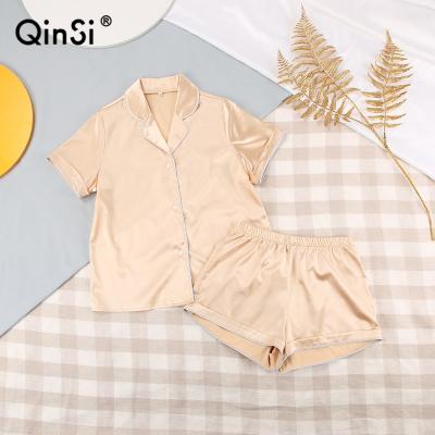 China QINSI 2022 Breathable Short Sleeve Casual Pajama Sets Women Sleepwear SUMMER Yellow Colors Satin Nightgown With Silk Shorts Nightgowns Suit for sale