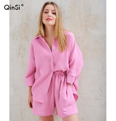 China QINSI Women Sets Breathable Turn-Down Suit Nine Collar Quarter Sleeve Sleep Tops Shorts Homewear Sleepwear Female Casual Cotton Pajamas For for sale