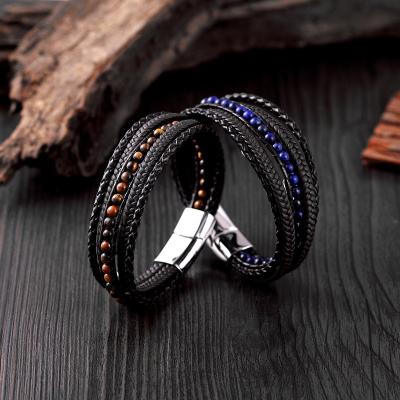 China CLASSIC Multilayer Stainless Steel Men's Wholesale Price Cuff Bracelet Handwoven Black Leather With Pearl Bracelet Jewelry for sale