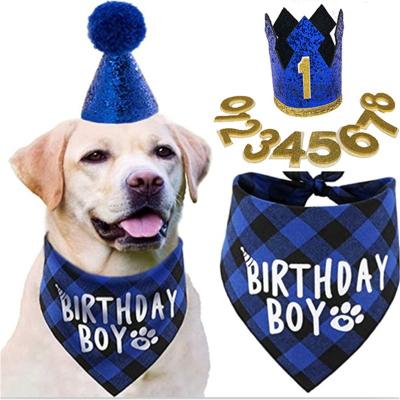 China 2021 Viable Hot Sale Pet Amazon Triangle Towel Pin Towel Plaid Bib Dog Birthday Hat Set for sale